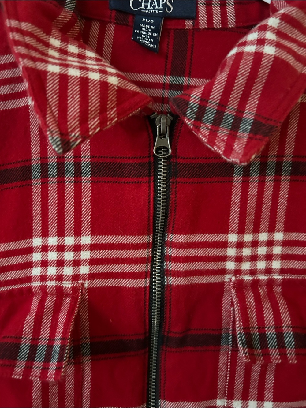 Chaps Ralph Lauren Petite Large 100% Cotton Red Plaid Zip-Up Shirt Jacket - Picture 6 of 9